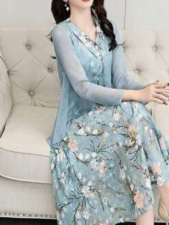Women's Two Piece Dress Set Print Dress Outdoor Daily Modern Casual Lace Up Ruched Midi Dress V Neck Long Sleeve Floral Regular Fit Black Pink Blue Summer Spring M L XL XXL XXXL -HAYz Clothing Shop guryba1678430833674