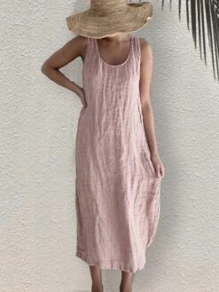 Women's Cotton Linen Dress Shift Dress White Dress Midi Dress Linen / Cotton Blend Daily Daily Crew Neck Splice Basic Sleeveless Summer 2023 Loose Fit Black White Pink Plain S M L XL 2XL -HAYz Clothing Shop gusviq1685949894702
