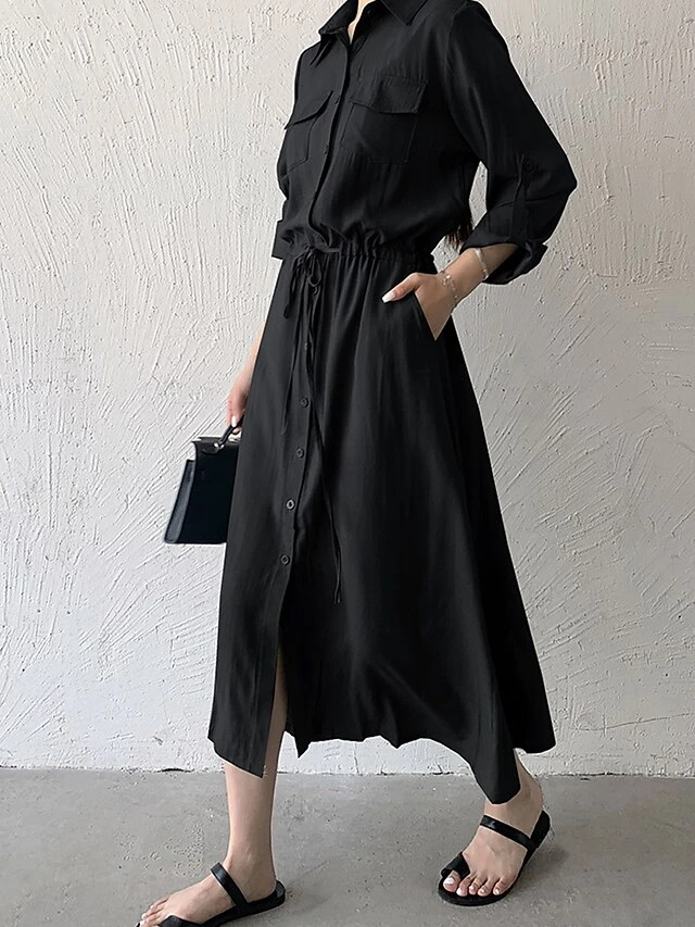 Women's Shirt Dress Casual Dress Maxi Long Dress Outdoor Daily Date Polyester Fashion Classic Shirt Collar Button Pocket Long Sleeve Fall Winter 2023 Loose Fit ArmyGreen Black Brown Pure Color S M L 5 Women's Shirt Dress Casual Dress Maxi Long Dress Outdoor Daily Date Polyester Fashion Classic Shirt Collar Button Pocket Long Sleeve Fall Winter 2023 Loose Fit ArmyGreen Black Brown Pure Color S M L - Image 5