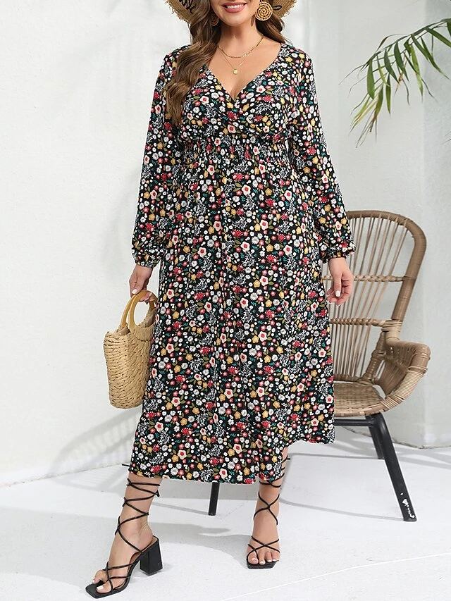 Women's Plus Size T Shirt Dress Casual Dress Floral Dress Floral Print V Neck Midi Dress Fashion Streetwear Outdoor Street Long Sleeve Loose Fit Rainbow Fall Winter XL XXL 3XL 4XL 5XL 4 Women's Plus Size T Shirt Dress Casual Dress Floral Dress Floral Print V Neck Midi Dress Fashion Streetwear Outdoor Street Long Sleeve Loose Fit Rainbow Fall Winter XL XXL 3XL 4XL 5XL - Image 4