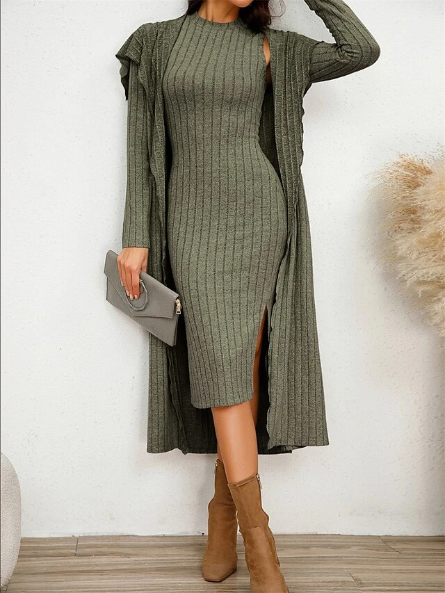Women's Two Piece Dress Set Casual Dress Sheath Dress Home Daily Fashion Streetwear Split Midi Dress Stand Collar Long Sleeve Plain Slim Black Army Green Gray Fall Winter S M L XL XXL 13 Women's Two Piece Dress Set Casual Dress Sheath Dress Home Daily Fashion Streetwear Split Midi Dress Stand Collar Long Sleeve Plain Slim Black Army Green Gray Fall Winter S M L XL XXL - Image 13