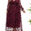 Women's Plus Size Curve Party Dress Formal Dress Burgundy Dress Floral Long Dress Maxi Dress Long Sleeve Lace Up Ruched V Neck Fashion Wedding Wine Spring Fall XL XXL 3XL 4XL 5XL