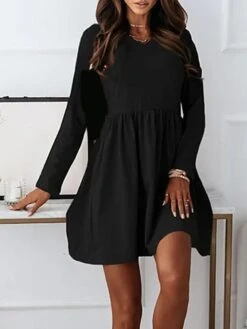 Women's Casual Dress Black Dress A Line Dress Mini Dress Cotton Polyester Fashion Daily Outdoor Daily Vacation Crew Neck Ruched Patchwork Long Sleeve Fall Autumn 2023 Regular Fit Black Khaki Gray -HAYz Clothing Shop gwbfqt1692956023479