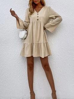 Women's Casual Dress Cotton Linen Dress Mini Dress Linen / Cotton Blend Basic Classic Outdoor Daily Vacation Split Neck Ruffle Button Long Sleeve Fall Winter Autumn 2023 Loose Fit Apricot Plain S M L -HAYz Clothing Shop gweyaj1695014838892