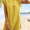 Women's Casual Dress Cotton Linen Dress T Shirt Dress Tee Dress Mini Dress Cotton Blend Basic Casual Outdoor Daily Crew Neck Ruched Short Sleeve Summer Spring 2023 Loose Fit Yellow Red Green Pure
