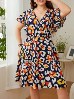 Women‘s Plus Size Curve Casual Sweater Dress Floral Sweater Dress Floral Midi Sweater Dress Short Sleeve Print V Neck Fashion Daily Blue Spring Summer XL XXL 3XL 4XL -HAYz Clothing Shop gwlqri1676457754838
