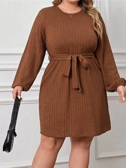 Women's Plus Size Curve Casual Dress Winter Dress Knit Dress Plain Midi Dress Long Sleeve Lace Up Crew Neck Fashion Outdoor Brown Fall Winter XL XXL 3XL -HAYz Clothing Shop gwtgbp1694586718417