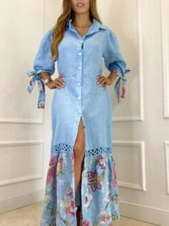 Women's Shirt Dress Casual Dress Shift Dress Long Dress Maxi Dress White Yellow Pink 3/4 Length Sleeve Floral Split Summer Spring Shirt Collar Fashion Loose Fit 2023 S M L XL 2XL 3XL 4XL -HAYz Clothing Shop gwtxwt1672050943649
