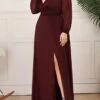 Women's Plus Size Curve Party Dress Sheath Dress Burgundy Dress Solid Color Plain Long Dress Maxi Dress Long Sleeve V Neck Fashion Party Black Wine Fall Winter L XL XXL 3XL 4XL