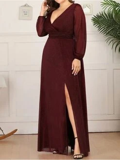 Women's Plus Size Curve Party Dress Sheath Dress Burgundy Dress Solid Color Plain Long Dress Maxi Dress Long Sleeve V Neck Fashion Party Black Wine Fall Winter L XL XXL 3XL 4XL
