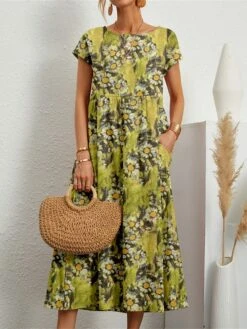 Women's Casual Dress Cotton Linen Dress Swing Dress Midi Dress Linen / Cotton Blend Fashion Ethnic Style Outdoor Daily Holiday Crew Neck Pocket Print Short Sleeve Summer Spring 2023 Loose Fit Black -HAYz Clothing Shop gwuydq1689326306385