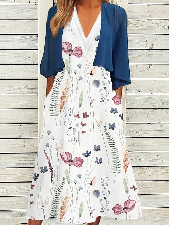 Women's Two Piece Dress Set Casual Dress Dress Set Outdoor Daily Fashion Modern Pocket Print Midi Dress V Neck Half Sleeve Floral Regular Fit White Summer Spring S M L XL XXL 1 Women's Two Piece Dress Set Casual Dress Dress Set Outdoor Daily Fashion Modern Pocket Print Midi Dress V Neck Half Sleeve Floral Regular Fit White Summer Spring S M L XL XXL