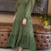 Women's Casual Dress Cotton Linen Dress Swing Dress Maxi Long Dress Linen / Cotton Blend Fashion Modern Outdoor Daily Vacation V Neck Ruffle Eyelet Long Sleeve Spring Fall Autumn 2023 Loose Fit Green