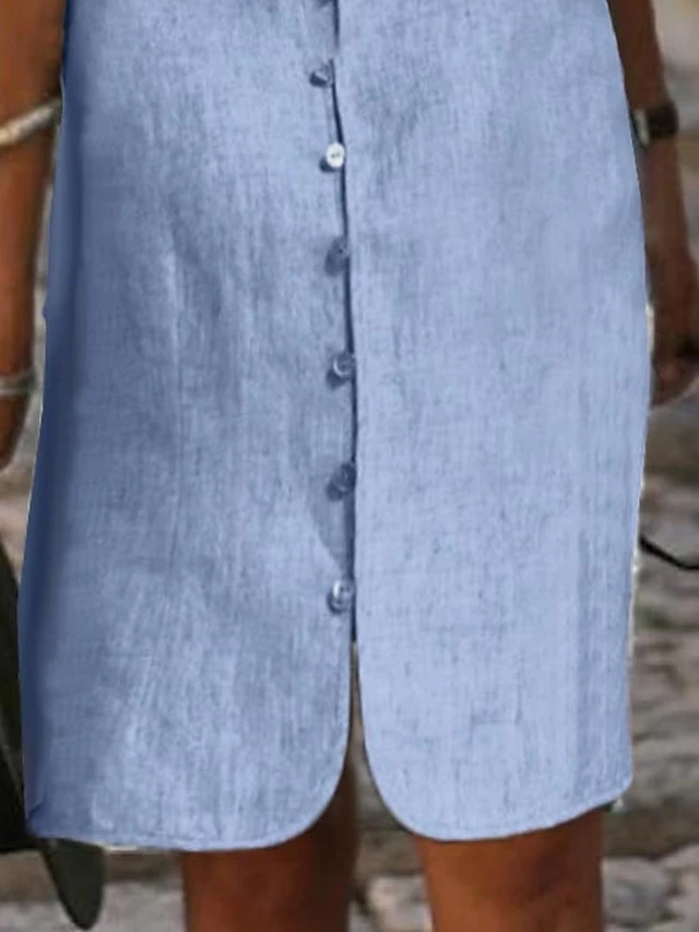 Women's Casual Dress Cotton Linen Dress Shift Dress Midi Dress Cotton Blend Basic Modern Outdoor Daily Vacation Stand Collar Button Half Sleeve Summer Spring Fall 2023 Loose Fit Blue Plain S M L XL 2 Women's Casual Dress Cotton Linen Dress Shift Dress Midi Dress Cotton Blend Basic Modern Outdoor Daily Vacation Stand Collar Button Half Sleeve Summer Spring Fall 2023 Loose Fit Blue Plain S M L XL - Image 2
