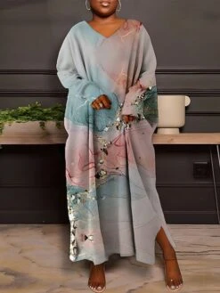 Women's Plus Size Curve Casual Dress Sweatshirt Dress Winter Dress Floral Gradient Long Dress Maxi Dress Long Sleeve Split Print V Neck Fashion Outdoor Pink Blue Fall Winter L XL XXL 3XL 4XL