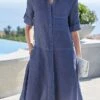 Women's Shirt Dress Casual Dress Cotton Linen Dress Midi Dress Linen / Cotton Blend Fashion Modern Outdoor Daily Vacation Shirt Collar Button Pocket Half Sleeve Summer Spring Fall 2023 Loose Fit Blue