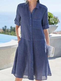 Women's Shirt Dress Casual Dress Cotton Linen Dress Midi Dress Linen / Cotton Blend Fashion Modern Outdoor Daily Vacation Shirt Collar Button Pocket Half Sleeve Summer Spring Fall 2023 Loose Fit Blue