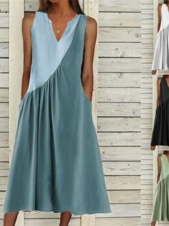 Women's Casual Dress Cotton Linen Dress Swing Dress Midi Dress Cotton Blend Fashion Basic Outdoor Daily Vacation V Neck Ruched Pocket Sleeveless Summer Spring 2023 Loose Fit Black White Blue Plain S -HAYz Clothing Shop gxipfk1692674820526