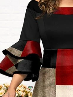 Women‘s Plus Size Curve Party Dress Plaid Off Shoulder Print 3/4 Length Sleeve Spring Fall Elegant Mature Midi Dress Formal Work Dress -HAYz Clothing Shop gxmggk1630919881079