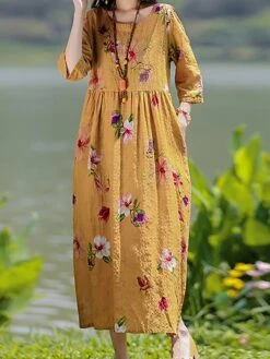 Women's Casual Dress Cotton Linen Dress Swing Dress Midi Dress Linen / Cotton Blend Sweet Style Modern Outdoor Daily Holiday Crew Neck Print 3/4 Length Sleeve Fall Winter Autumn 2023 Loose Fit Yellow -HAYz Clothing Shop gxnjbg1693553159584