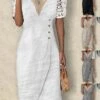 Women's Casual Dress Cotton Linen Dress Shift Dress Maxi Long Dress Cotton Blend Fashion Modern Outdoor Office Daily V Neck Lace Patchwork Short Sleeve Summer Spring 2023 Loose Fit Black White Dark