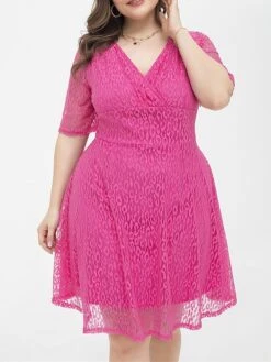 Women's Plus Size Curve Party Dress Lace Dress Cocktail Dress Midi Dress Fuchsia Half Sleeve Pure Color Lace Summer Spring Fall V Neck Fashion Birthday Wedding Guest Vacation 2023 XL XXL 3XL 4XL -HAYz Clothing Shop gybbsh1692157192327