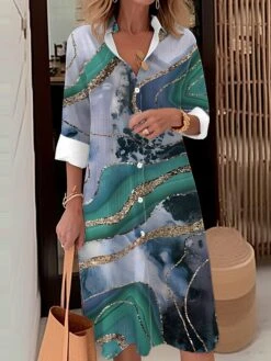 Women's Shirt Dress Casual Dress Midi Dress Outdoor Office Daily Polyester Fashion Modern Shirt Collar Button Pocket Long Sleeve Fall Winter 2023 Loose Fit Blue Sky Blue Green Ombre S M L XL 2XL -HAYz Clothing Shop gybelq1693473225597