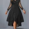 Women‘s Plus Size Curve Party Dress Lace Dress Black Dress Swing Dress Plain Long Dress Maxi Dress Long Sleeve Ruffle Mesh V Neck Fashion Party Wine Fall Winter L XL XXL 3XL 4XL