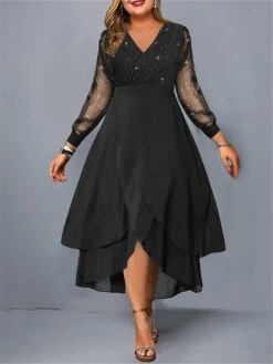 Women‘s Plus Size Curve Party Dress Lace Dress Black Dress Swing Dress Plain Long Dress Maxi Dress Long Sleeve Ruffle Mesh V Neck Fashion Party Wine Fall Winter L XL XXL 3XL 4XL
