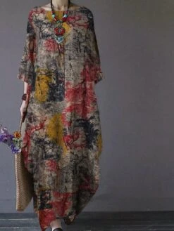 Women's Plus Size Curve Shift Dress Graphic Round Neck Print 3/4 Length Sleeve Fall Spring Basic Casual Maxi Long Dress Vacation Weekend Dress -HAYz Clothing Shop gyhtja1635933601421