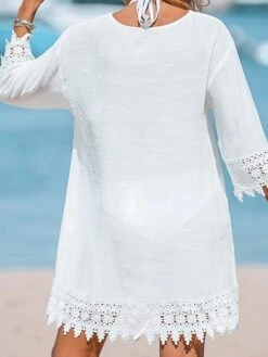 Women's Beach Dress Beach Wear Mini Dress Lace Casual Plain V Neck 3/4 Length Sleeve Vacation Going Out Almond 2023 Summer Spring S M L XL -HAYz Clothing Shop gyowmo1684399208728