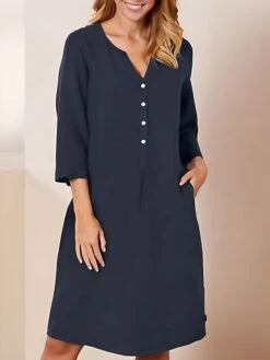 Women's Casual Dress Cotton Linen Dress Shift Dress Midi Dress Cotton Fashion Traditional / Vintage Outdoor Daily Vacation V Neck Button 3/4 Length Sleeve Fall Winter Autumn 2023 Loose Fit Wine Navy -HAYz Clothing Shop gyqnxg1693797716423