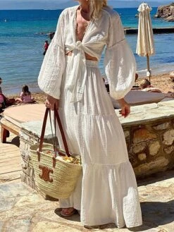 Women's Two Piece Dress Set Casual Dress Skirt Set Daily Holiday Streetwear Casual Ruched Long Dress Maxi Dress V Neck Long Sleeve Plain Regular Fit White Spring Fall S M L XL