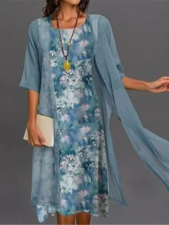 Women's Two Piece Dress Set Casual Dress Chiffon Dress Outdoor Daily Fashion Streetwear Print Midi Dress Crew Neck Half Sleeve Floral Ombre Regular Fit Pink Blue Purple Fall Winter S M L XL XXL -HAYz Clothing Shop gyzoad1695194252472