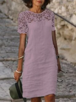 Women's Casual Dress Cotton Linen Dress Lace Dress Midi Dress Linen / Cotton Blend Fashion Basic Outdoor Daily Vacation Crew Neck Lace Patchwork Short Sleeve Summer Spring 2023 Regular Fit White Pink 5 Women's Casual Dress Cotton Linen Dress Lace Dress Midi Dress Linen / Cotton Blend Fashion Basic Outdoor Daily Vacation Crew Neck Lace Patchwork Short Sleeve Summer Spring 2023 Regular Fit White Pink -HAYz Clothing Shop gzrbun1689305979051
