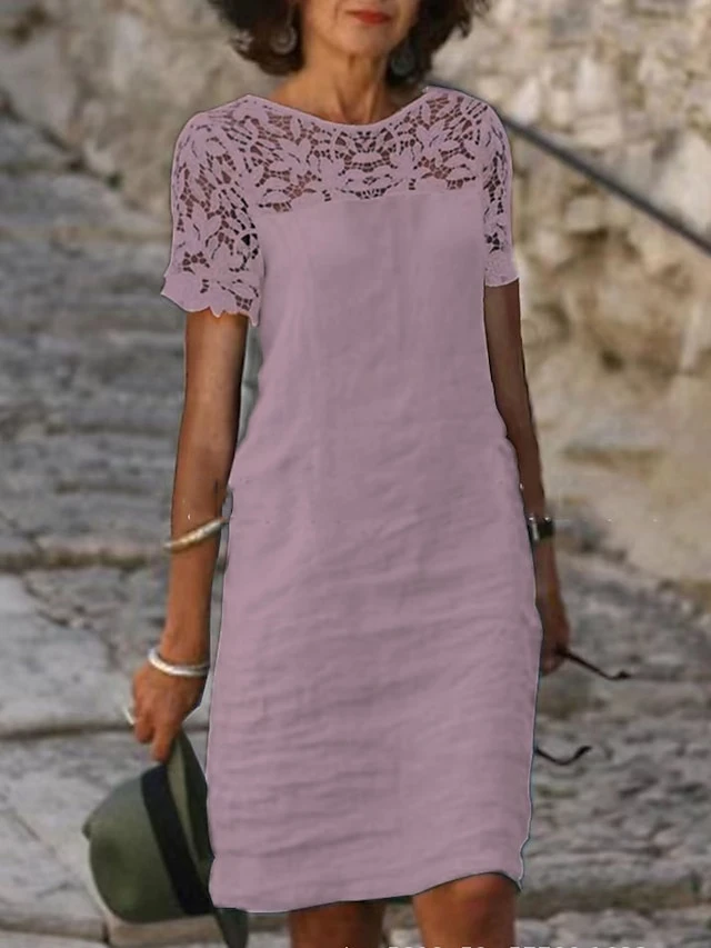 Women's Casual Dress Cotton Linen Dress Lace Dress Midi Dress Linen / Cotton Blend Fashion Basic Outdoor Daily Vacation Crew Neck Lace Patchwork Short Sleeve Summer Spring 2023 Regular Fit White Pink 3 Women's Casual Dress Cotton Linen Dress Lace Dress Midi Dress Linen / Cotton Blend Fashion Basic Outdoor Daily Vacation Crew Neck Lace Patchwork Short Sleeve Summer Spring 2023 Regular Fit White Pink - Image 3