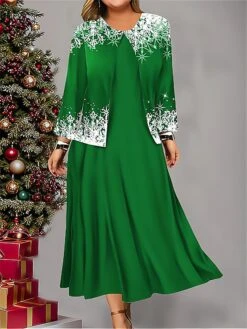 Women's Plus Size Two Piece Dress Set Casual Dress Swing Dress Outdoor Office Fashion Streetwear Print Midi Dress Crew Neck Long Sleeve Snowflake Regular Fit Red Blue Purple Fall Winter L XL XXL 3XL -HAYz Clothing Shop gzredc1697614014636