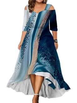 Women‘s Plus Size Curve Party Dress Wedding Guest Dress Swing Dress Long Dress Maxi Dress Pink Blue Green 3/4 Length Sleeve Leaf Cold Shoulder Summer Spring Fall V Neck Fashion Birthday Wedding Guest -HAYz Clothing Shop gzwdrf1690280984581