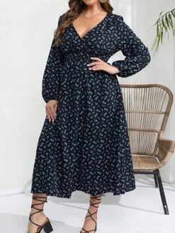 Women's Plus Size Curve Party Dress Wedding Guest Dress Swing Dress Midi Dress Dark Blue Long Sleeve Floral Print Spring Fall Winter V Neck Fashion Winter Dress Birthday Wedding Guest XL XXL 3XL 4XL