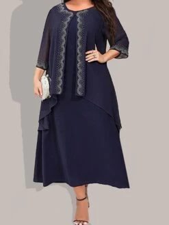 Women's Plus Size Curve Party Dress Two Piece Dress Chiffon Dress Plain Long Dress Maxi Dress 3/4 Length Sleeve Crew Neck Fashion Party Dark Blue Fall Winter L XL XXL 3XL 4XL -HAYz Clothing Shop hahush1696760821290