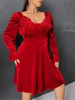 Women's Plus Size Curve Party Dress Velvet Dress Cocktail Dress Midi Dress Red Long Sleeve Pure Color Ruched Fall Winter Autumn V Neck Fashion Winter Dress Wedding Guest Vacation 2023 XL XXL 3XL -HAYz Clothing Shop hajjvl1693297248481