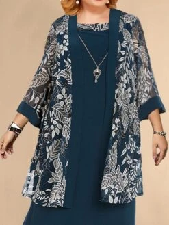 Women's Plus Size Curve Two Piece Dress Set Party Dress Chiffon Dress Formal Party Fashion Elegant Patchwork Print Midi Dress Crew Neck 3/4 Length Sleeve Floral Wine Navy Blue Green Spring Fall -HAYz Clothing Shop hawurl1692761760327