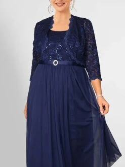 Women's Plus Size Curve Party Dress Lace Dress Dress Set Plain Long Dress Maxi Dress 3/4 Length Sleeve Lace Patchwork V Neck Fashion Party Navy Blue Fall Winter L XL XXL 3XL 4XL -HAYz Clothing Shop hazvvu1693536835915