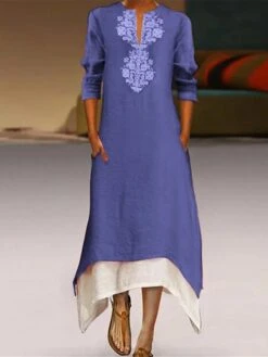 Women's Casual Dress Cotton Linen Dress A Line Dress Maxi Long Dress Cotton Blend Fashion Casual Outdoor Daily Split Neck Patchwork Pocket 3/4 Length Sleeve Summer Spring Fall 2023 Regular Fit Yellow -HAYz Clothing Shop hblmvo1687679842483