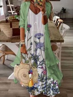 Women's Two Piece Dress Set Print Dress Daily Vacation Casual Print Maxi Dress V Neck 3/4 Length Sleeve Floral Loose Fit White Purple Green Summer Spring S M L XL XXL -HAYz Clothing Shop hbmnhr1679981308076