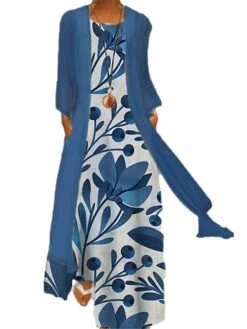 Women's Two Piece Dress Set Casual Dress Shift Dress Daily Going Out Casual Pocket Print Maxi Dress Crew Neck 3/4 Length Sleeve Floral Loose Fit Light Green Pink Blue Summer Spring M L XL XXL XXXL -HAYz Clothing Shop hbobkc1672828063115