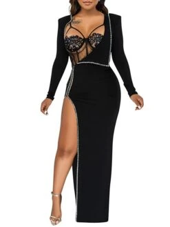 Women's Party Dress Dress Set Two Piece Dress Long Dress Maxi Dress Black White Yellow Long Sleeve Pure Color Sequins Summer Spring V Neck Party Party Winter Dress Fall Dress Slim 2023 S M L XL 2XL