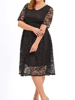 Women‘s Plus Size Curve Party Dress Lace Dress Cocktail Dress Midi Dress Black Pink Wine Half Sleeve Pure Color Lace Summer Spring Fall V Neck Fashion Birthday Wedding Guest Vacation 2023 -HAYz Clothing Shop hbwkfr1691564493079