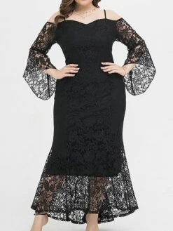Women's Plus Size Prom Dress Party Dress Lace Dress Long Dress Maxi Dress Black Pink Wine Long Sleeve Pure Color Lace Spring Fall Winter Cold Shoulder Fashion Wedding Guest Birthday Evening Party 2023