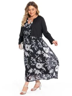 Women‘s Plus Size Curve Two Piece Dress Set Casual Dress Chiffon Dress Outdoor Daily Fashion Elegant Print Long Dress Maxi Dress V Neck Long Sleeve Floral Regular Fit Black Summer Spring -HAYz Clothing Shop hceqlh1694770879501